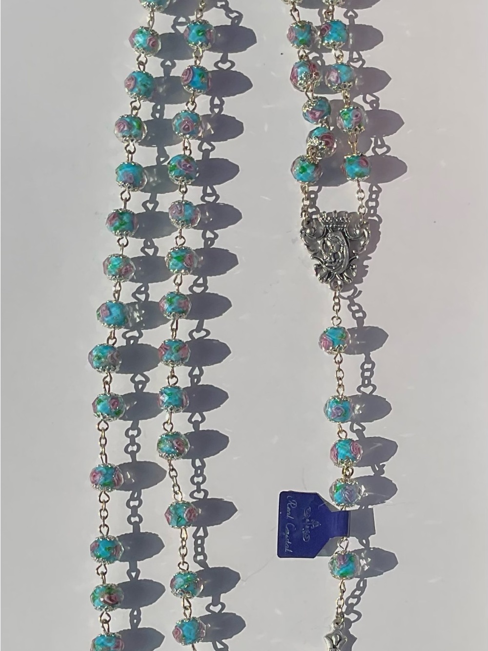 Turquoise Encased Lampwork Crystal Floral Rosary with Bright Pink Roses Inside - Picture 12 of 12